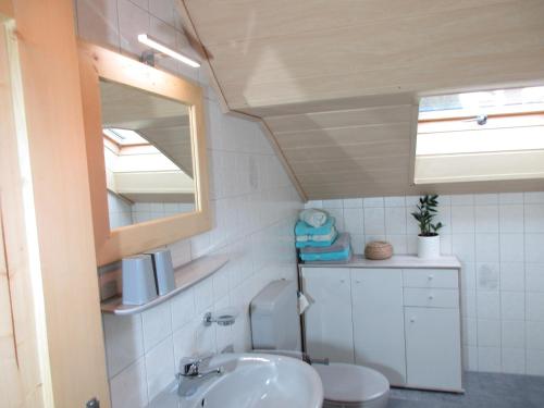 La salle de bains est pourvue d'un lavabo et d'un miroir. dans l'établissement Haus Schaffler, à Kochel am See