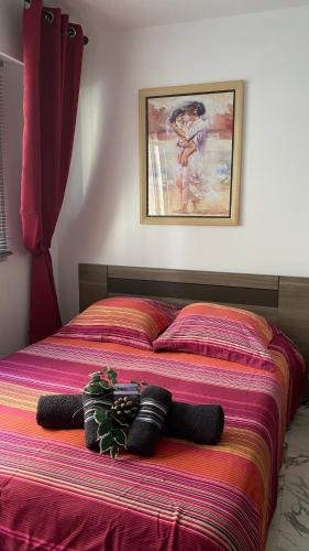 - une chambre dotée d'un lit avec une couverture rouge et violette dans l'établissement Azur, studio classé, climatisé, wifi, ascenseur, à 75 m de la plage, à Toulon