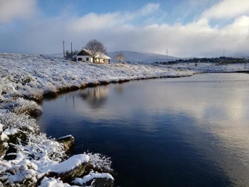 un fiume con neve sul terreno con una casa sullo sfondo di Lago da Garça Guesthouse a São Pedro do Sul