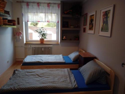 dwa łóżka w pokoju z oknem w obiekcie Apartmán Na sluneční stráni w Trutnovie