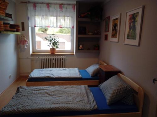 2 Betten in einem Zimmer mit Fenster in der Unterkunft Apartmán Na sluneční stráni in Trutnov