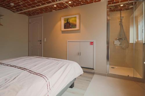 a bedroom with a walk in shower and a bed at Vakantiewoning Tilia in Zottegem