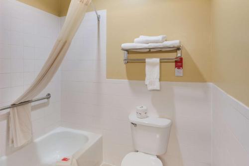 a white bathroom with a toilet and a bath tub at Econo Lodge Lubbock I-27 in Lubbock