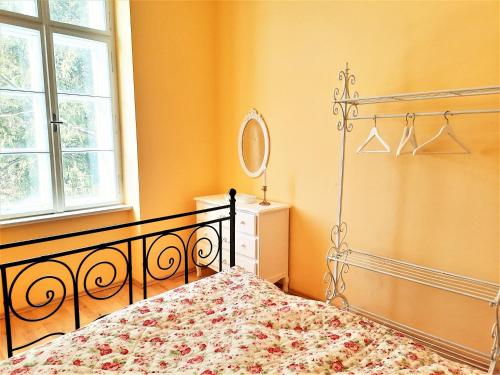 - une chambre avec un lit, un miroir et une fenêtre dans l'établissement Sisi-Schloss Rudolfsvilla - Appartement Gisela, à Reichenau