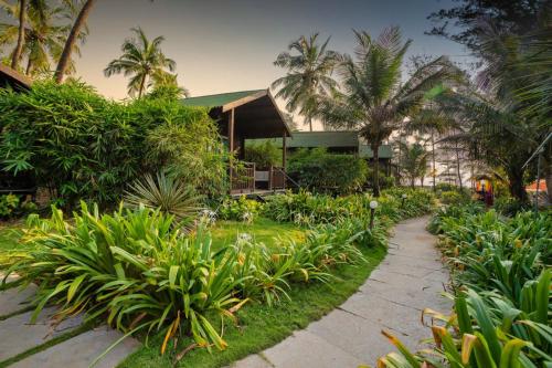 a garden with palm trees and a building at Montego Bay Beach Village - Morjim in Morjim