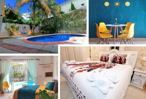 un collage de fotos de un dormitorio y una piscina en BEAUTIFUL & COZY NEAR BEACH Apartment Pool & KingSize Bed en Cancún