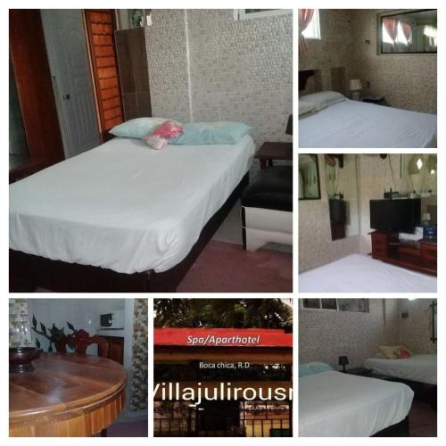 un collage di quattro foto di una camera d'albergo di Villa Julirous Rd spa and aparthotel camp for vacationers a Boca Chica