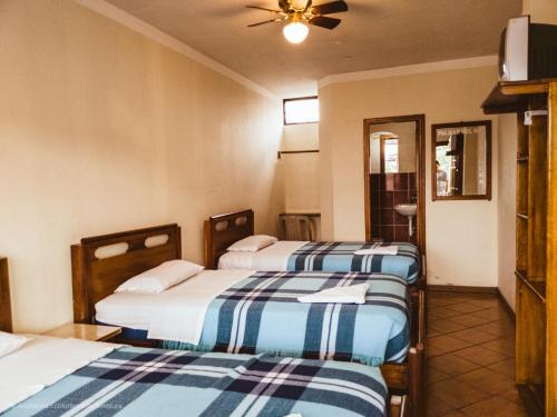 Archidona的住宿－Palmar del Rio Gran Hotel，一间卧室配有两张床和吊扇