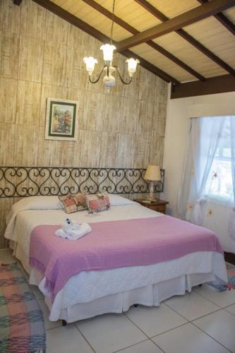 a bedroom with a large bed with a pink blanket at Pousada Hospedaria da Villa in Tiradentes