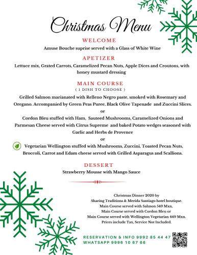 a christmas menu with snowflakes on it at Merida Santiago Hotel Boutique in Mérida