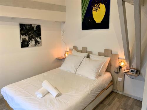 a bedroom with a white bed with two pillows at La Chantrerie in Cahors