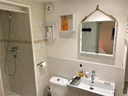 La salle de bains est pourvue d'une douche, d'un lavabo et de toilettes. dans l'établissement La Chantrerie, à Cahors