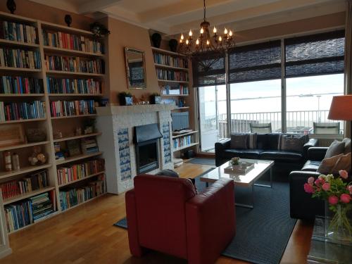 a living room with bookshelves and a fireplace at APARTMENT BY THE SEA Bed by the Sea in Vlissingen