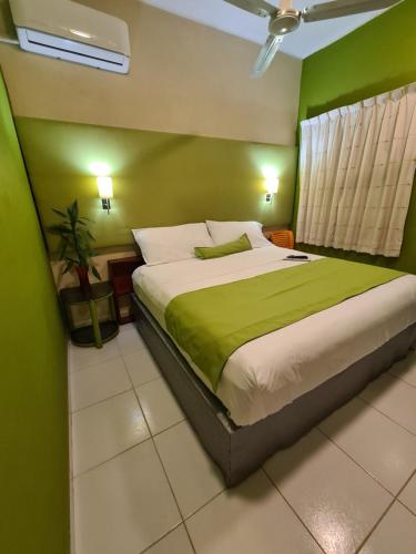 a bedroom with a large bed with green walls at Casa Mia in Puerto Escondido