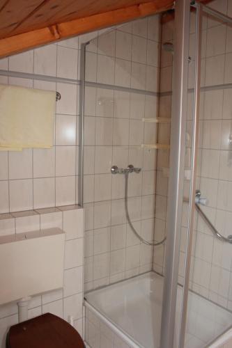 a bathroom with a shower with a toilet and a tub at Schwarzwald-Gasthof Hirsch in Bad Wildbad