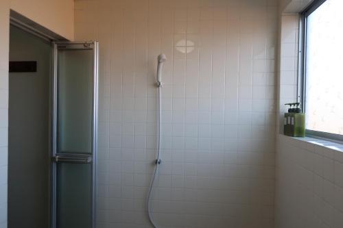 a bathroom with a shower with a glass door at Starfall Lodge in Hakuba