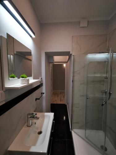 a bathroom with a sink and a shower at Dom wakacyjny Chillout Rock in Lwówek Śląski