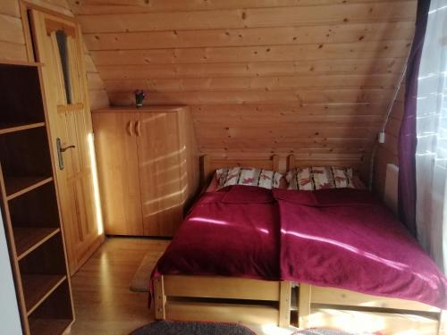 a small room with a bed in a cabin at Pokoje Ewka in Czarna Góra