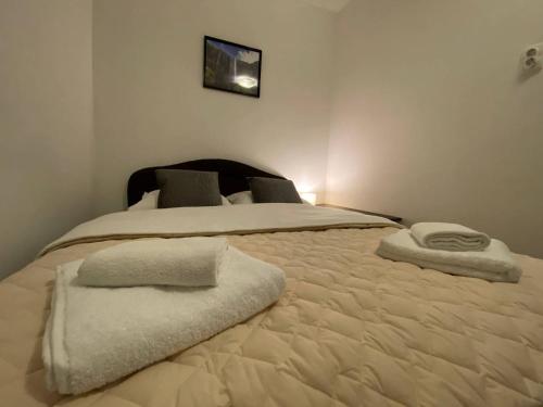 ein Schlafzimmer mit 2 Betten und Handtüchern darauf in der Unterkunft Podrinjski san in Loznica