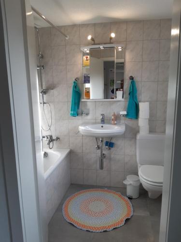 W łazience znajduje się umywalka, toaleta i lustro. w obiekcie Gislifluh Frey Maya w mieście Thalheim