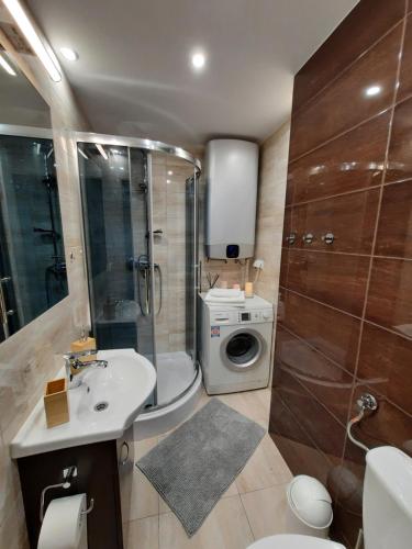 a bathroom with a shower sink and a washing machine at Apartament Sunny Home in Nowy Targ