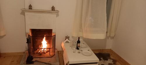 a room with a fireplace and a table with wine bottles at VILA DISHA in Tirana