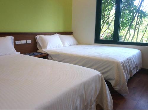 苗栗市的住宿－遇見台灣百合民宿，客房设有两张床和窗户。
