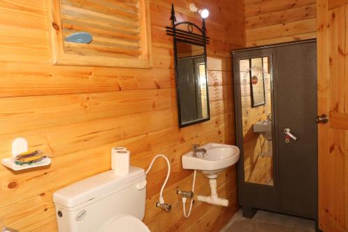 a bathroom with a toilet and a sink at Lamarine Morjim Beach cottages in Old Goa