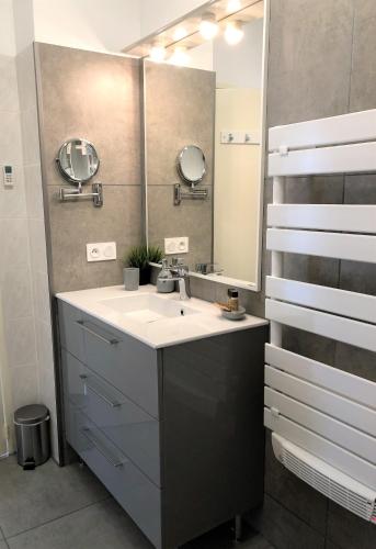 une salle de bain avec un lavabo et un miroir dans l'établissement Confort à Carqueiranne, à Carqueiranne