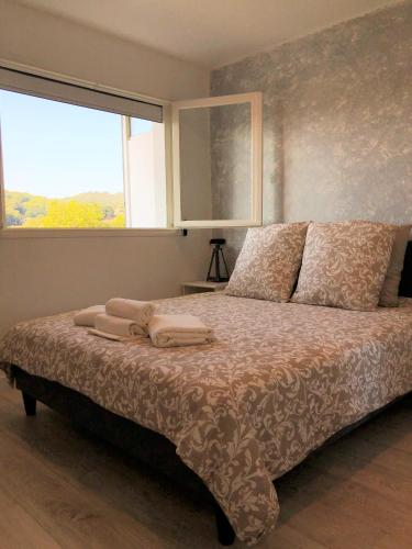 une chambre avec un lit avec des oreillers et une fenêtre dans l'établissement Confort à Carqueiranne, à Carqueiranne