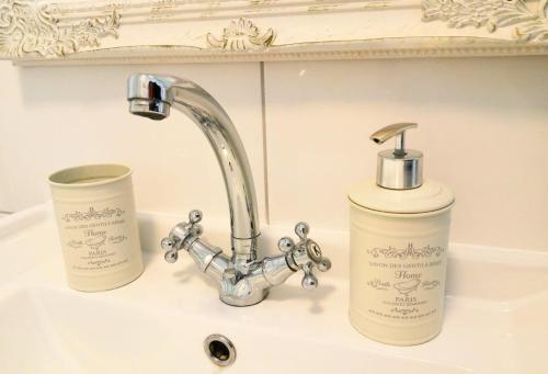 a sink with a faucet and a bottle of soap at Romantic Style Apartment Titisee-Neustadt in Titisee-Neustadt