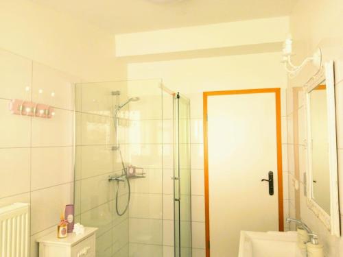 a bathroom with a shower and a glass shower backdoor at Romantic Style Apartment Titisee-Neustadt in Titisee-Neustadt