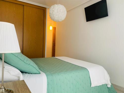- une chambre avec un lit, une lampe et une télévision dans l'établissement Apartamento Rio San Isidro 1, à Felechosa