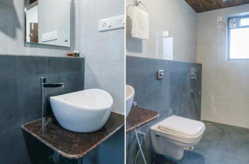 two pictures of a bathroom with a sink and a toilet at Fortune Resort in Nagaon