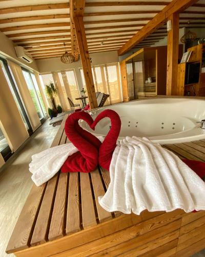 a bath tub with a red heart on the floor at Zagreb Camp Bungalows in Rakitje