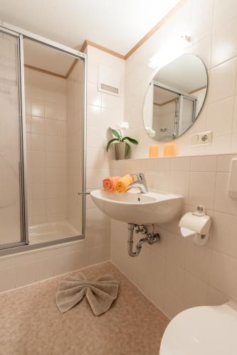 a bathroom with a sink and a toilet and a mirror at Haus Pfannenhölzer in Bad Hindelang