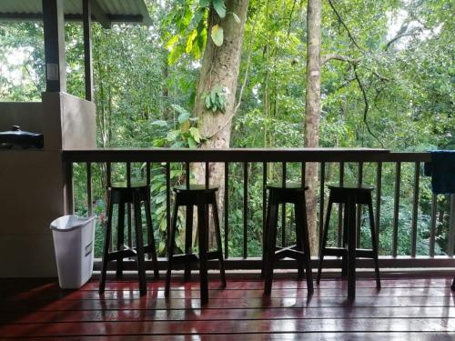 a porch with four chairs and a tree at HOTEL, VILLAS y GLAMPINGS MYA -PUERTO VIEJO, Limon, CR in Puerto Viejo