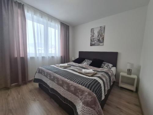 a bedroom with a bed and a large window at Apartmány Šafrán in Bardejovské Kúpele