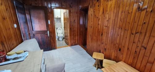 a room with wooden walls and a bathroom with a toilet at Domacinstvo Prentovic in Čajetina