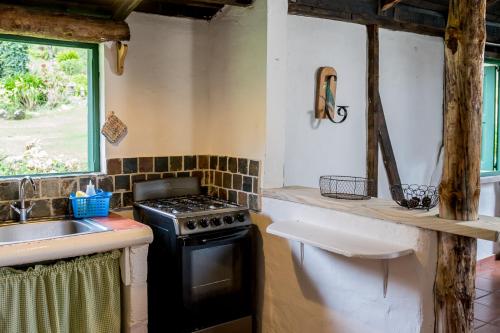 a kitchen with a stove and a sink at Villa Pajon Eco Lodge in Constanza