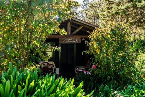 a porch with chairs and a sign in a garden at Villa Pajon Eco Lodge in Constanza