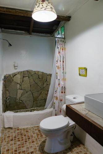 a bathroom with a toilet and a shower and a sink at Villa Pajon Eco Lodge in Constanza
