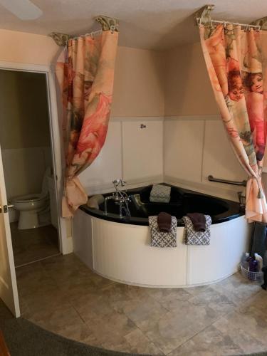 uma banheira na casa de banho com um lavatório em Emerald Necklace Inn Bed and Breakfast em Lakewood