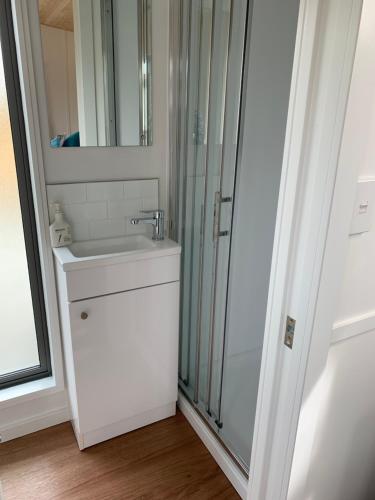 a white bathroom with a sink and a shower at Blackball Tinyhouses in Blackball