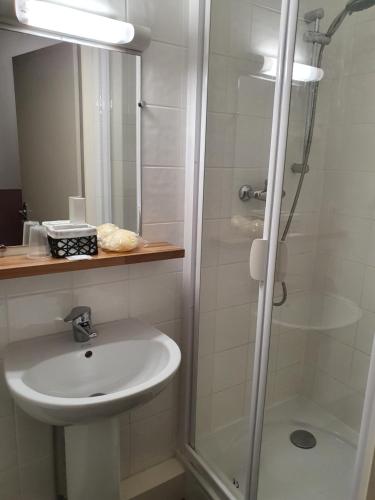 a bathroom with a sink and a shower at AUBERGE DE LA LICORNE eu in Livron-sur-Drôme