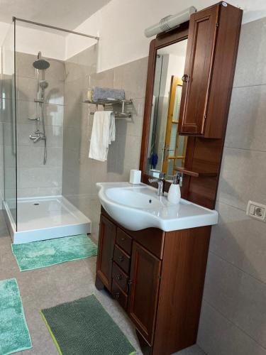 a bathroom with a sink and a shower at Casa Ani in Borşa