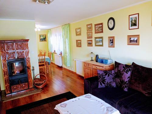 a living room with a couch and a fireplace at Sępia Chata Dom Do Wynajęcia in Świeradów-Zdrój