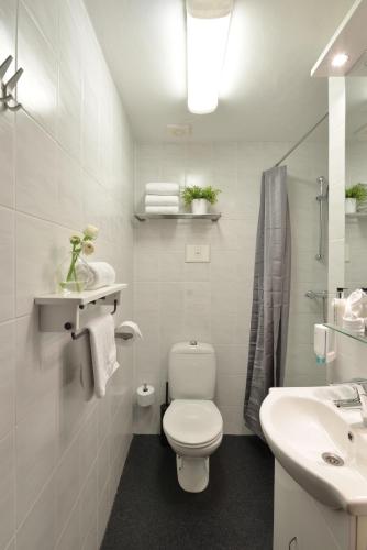 a white bathroom with a toilet and a sink at Hotel Schilberg in Slenaken