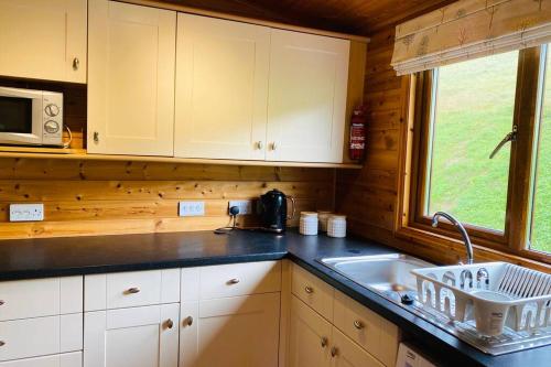 a kitchen with a sink and a microwave at Luxury Farm Cabin in the Heart of Wales in Cowbridge