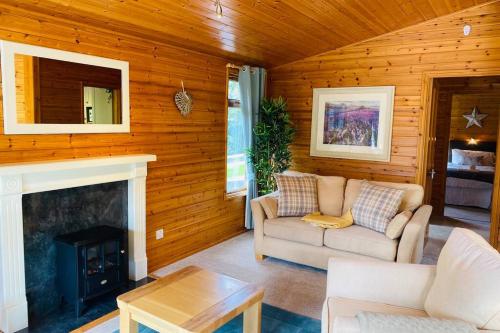 a living room with a couch and a fireplace at Luxury Farm Cabin in the Heart of Wales in Cowbridge